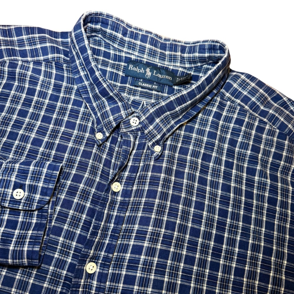 Ralph Lauren Mens 4XLT Classic Fit Plaid Linen Cotton Button Down Shirt‎ Blue